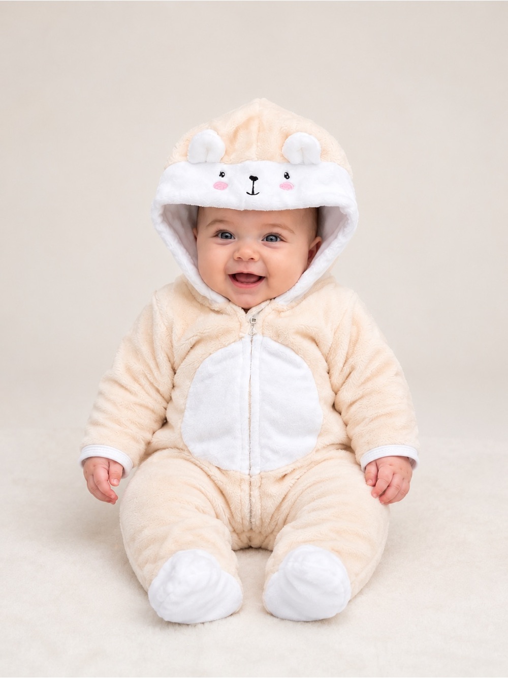 NWOT Plush Beige Bear Hooded Baby One-Piece Footie